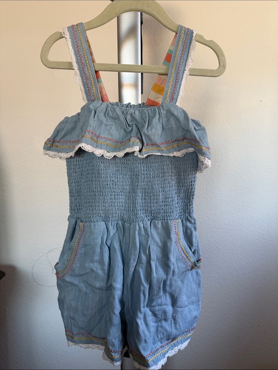Matilda Jane Other - Matilda Jane Light Blue Denim Smocked Romper with Multicolor Striped Straps